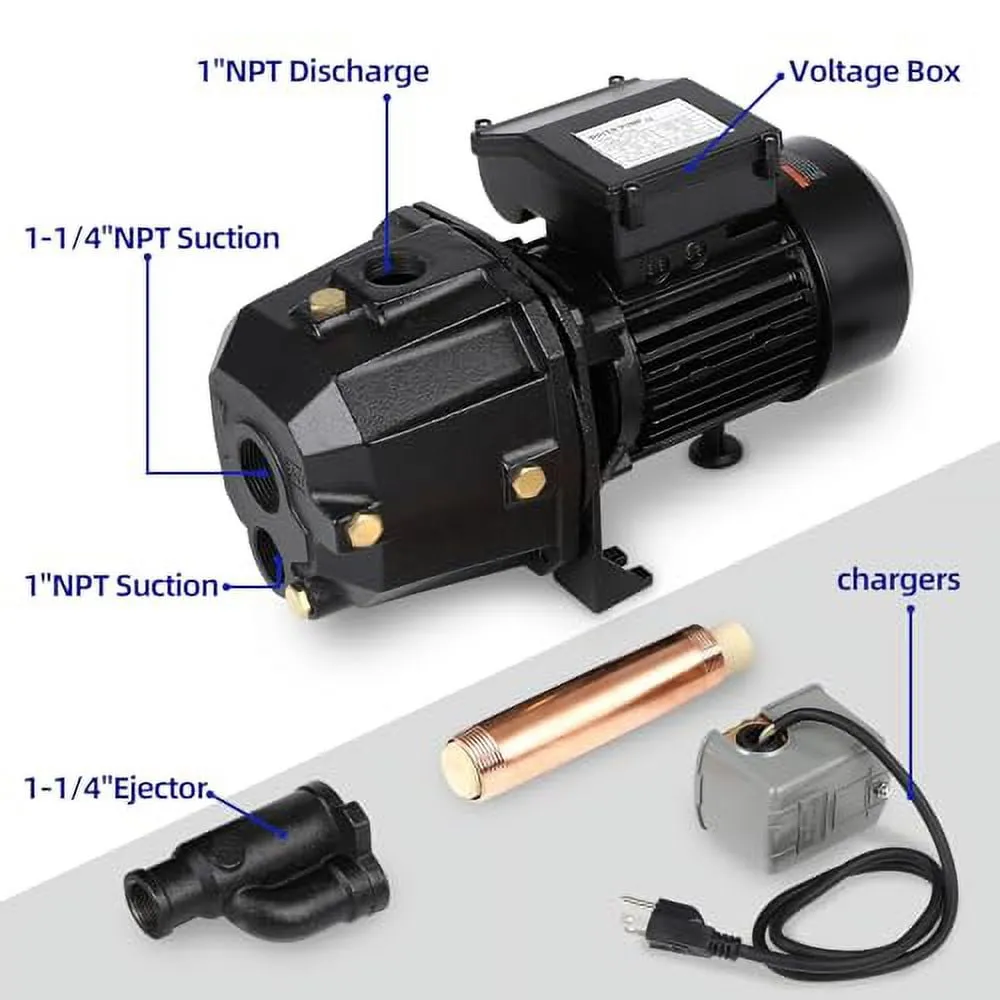 1HP Shallow Well Jet Pump, Well Depth Up 40ft Cast Iron Irrigation Pump 1200GPH