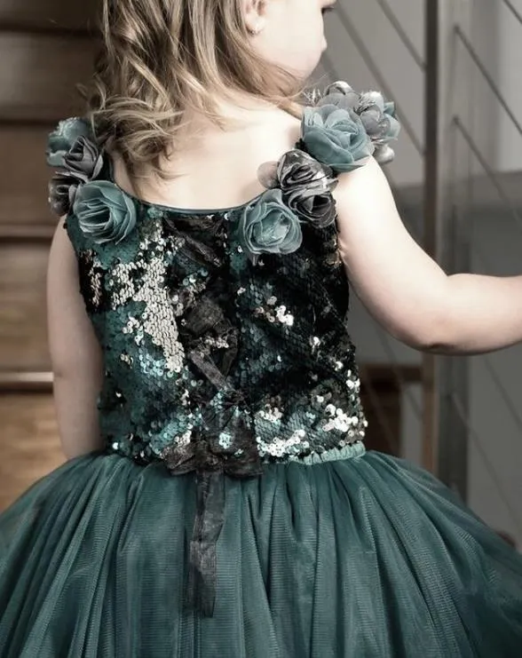 A-Line Round Neck Sequin Organza Chapel Trailing Flower Girl Dresses With Applique, FGS0030