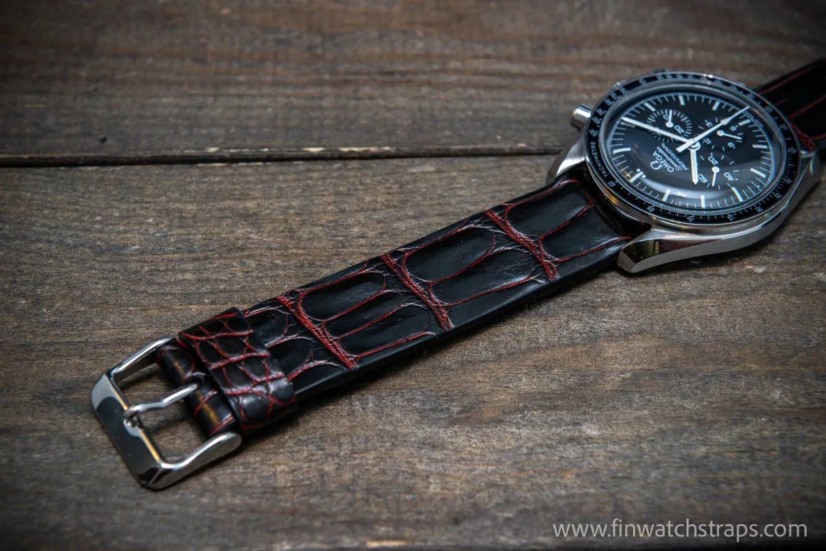 Alligator watch strap, Black and red, handmade in Finland, French Croco