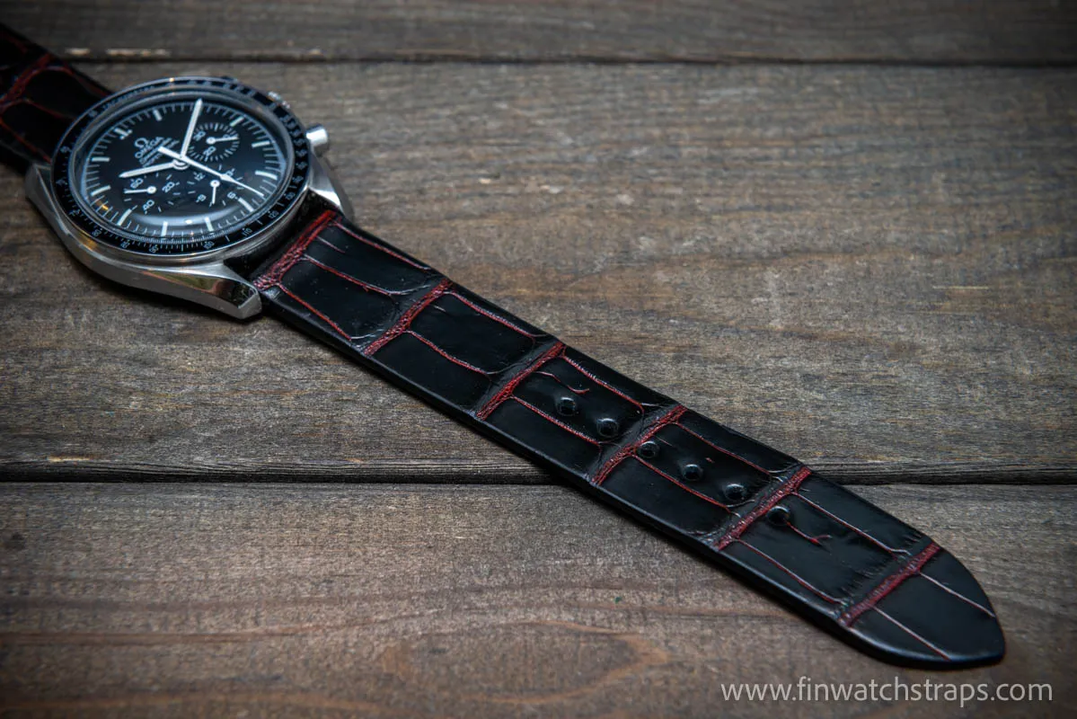 Alligator watch strap, Black and red, handmade in Finland, French Croco