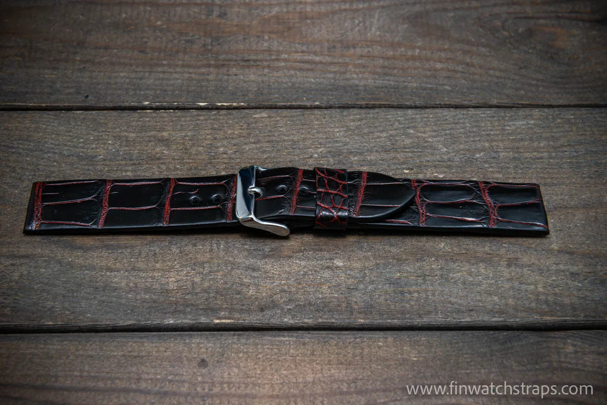 Alligator watch strap, Black and red, handmade in Finland, French Croco