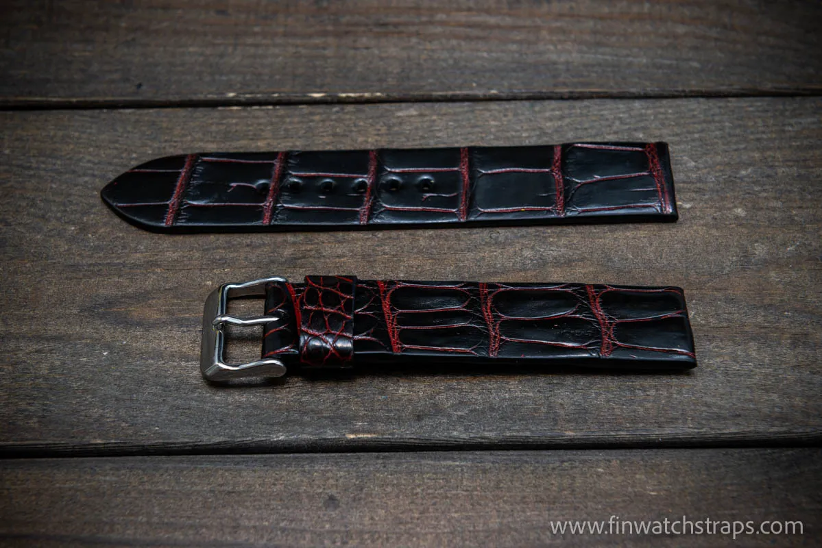 Alligator watch strap, Black and red, handmade in Finland, French Croco