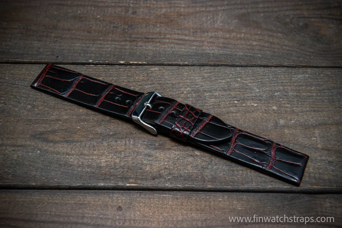 Alligator watch strap, Black and red, handmade in Finland, French Croco