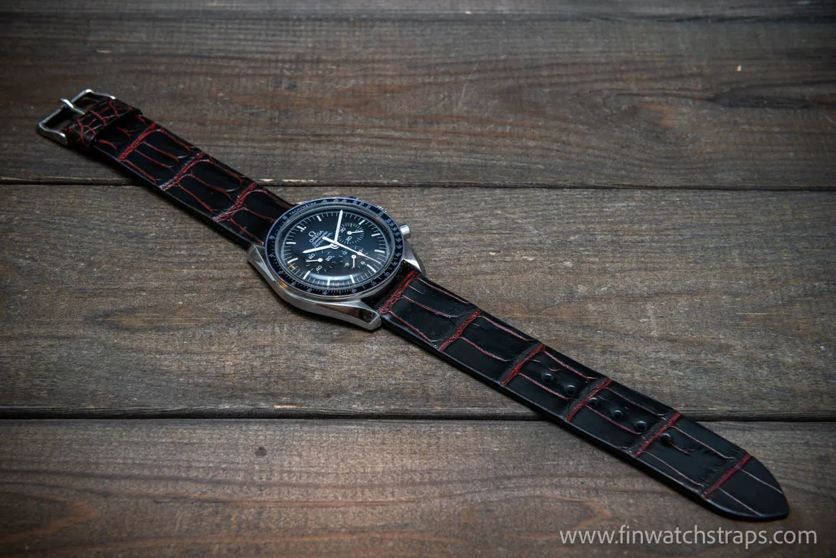 Alligator watch strap, Black and red, handmade in Finland, French Croco