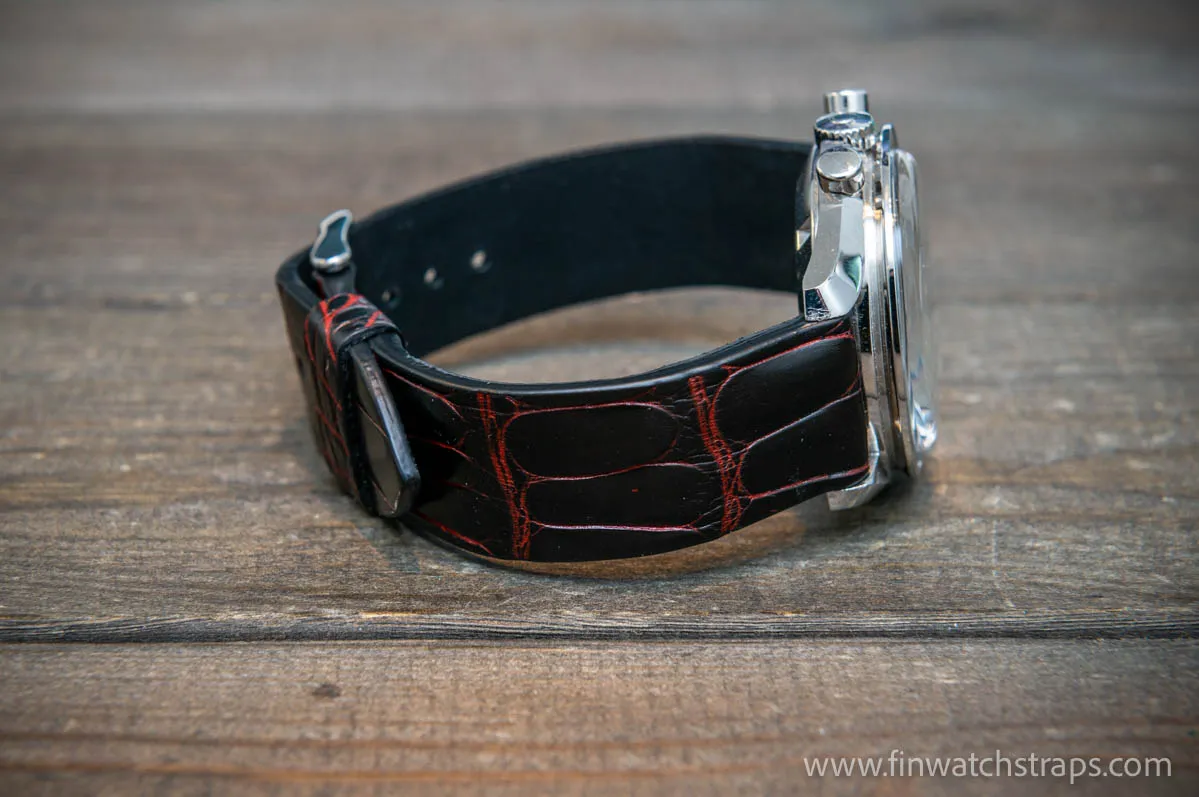 Alligator watch strap, Black and red, handmade in Finland, French Croco