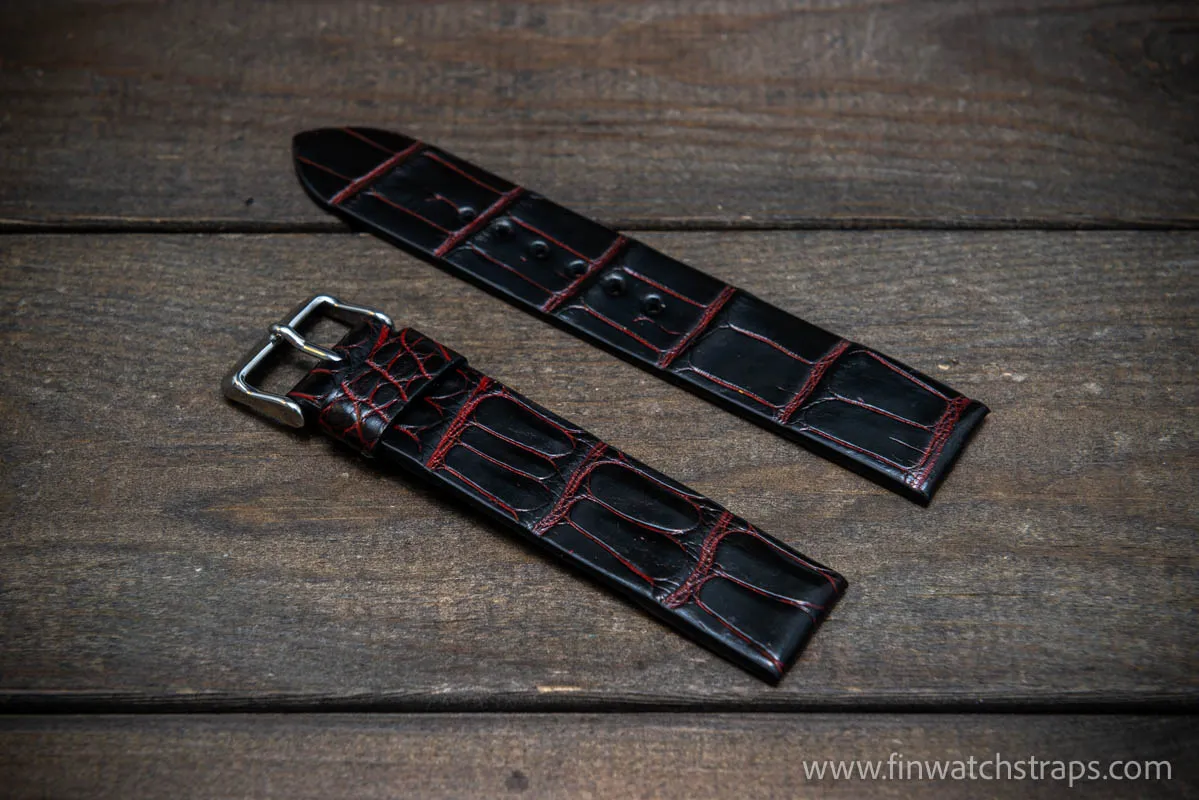 Alligator watch strap, Black and red, handmade in Finland, French Croco