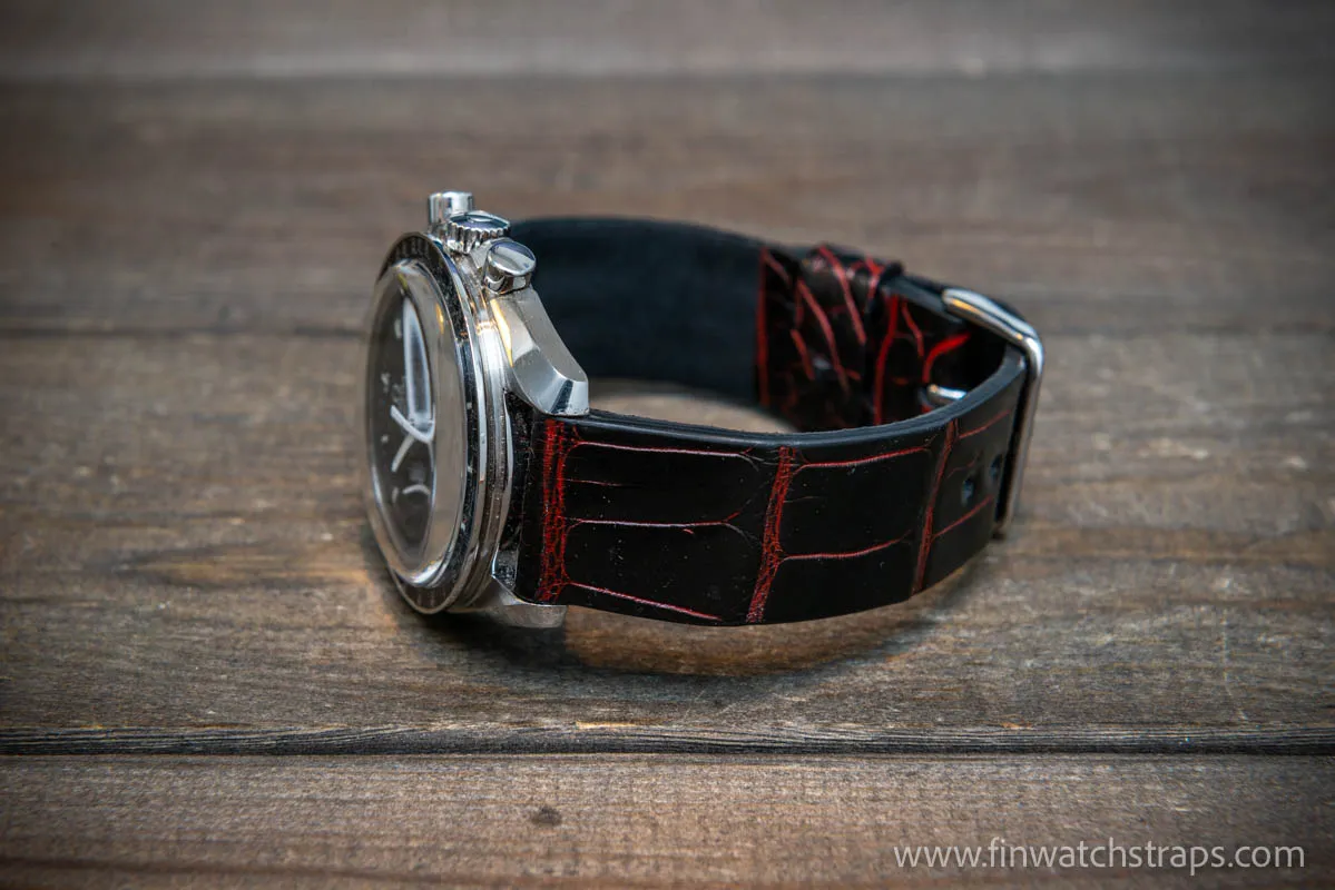 Alligator watch strap, Black and red, handmade in Finland, French Croco