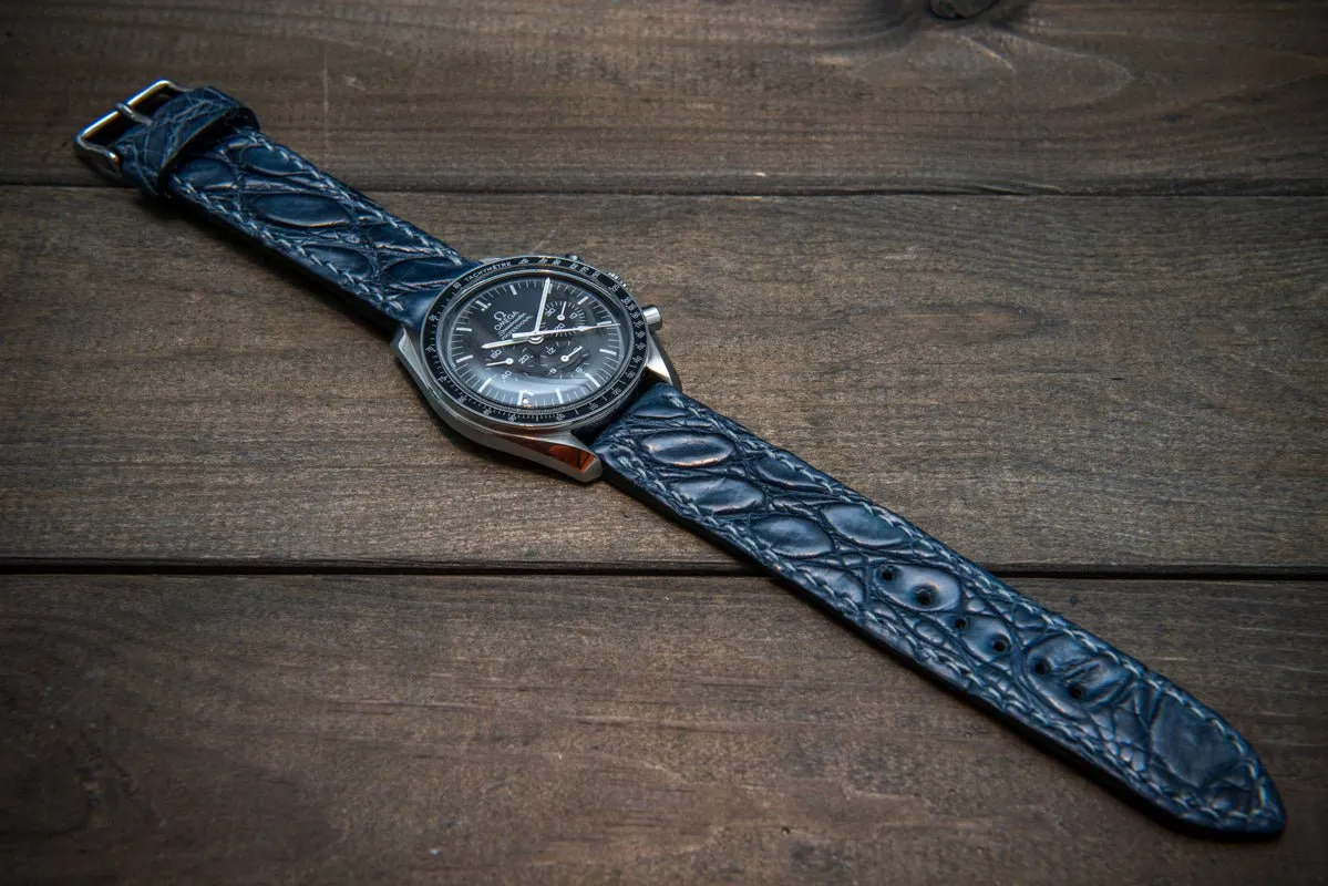 Alligator watch strap, Dark Blue, handmade in Finland