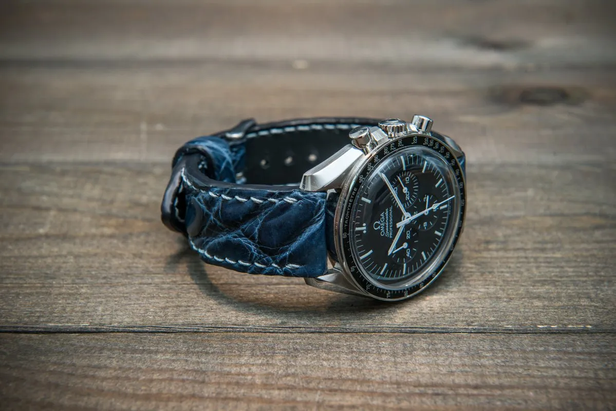 Alligator watch strap, Dark Blue, handmade in Finland