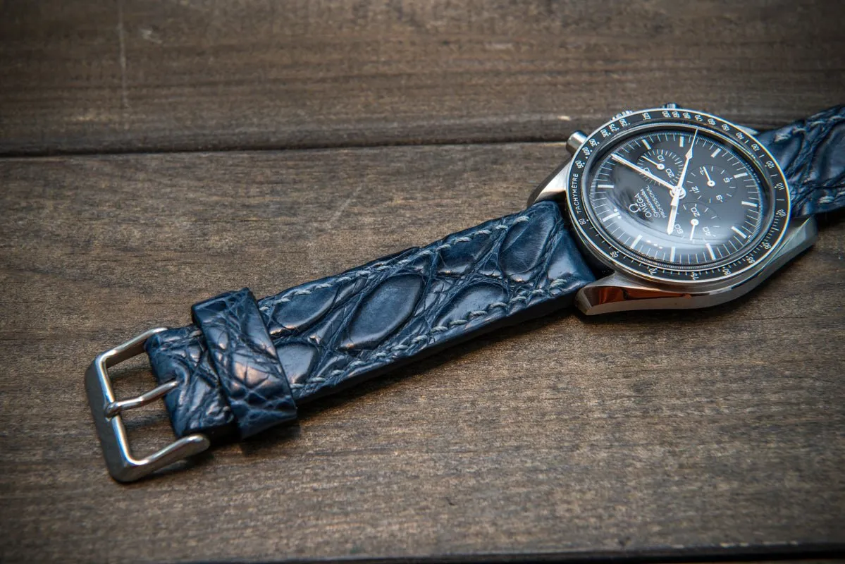 Alligator watch strap, Dark Blue, handmade in Finland