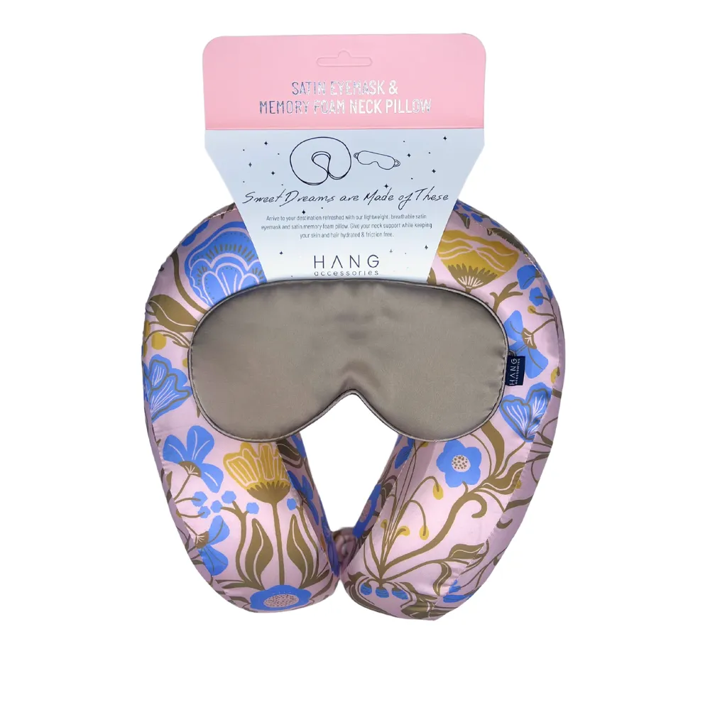 Amalfi Lemon Satin Memory Foam Neck Pillow and Taupe Satin Eye Mask Set