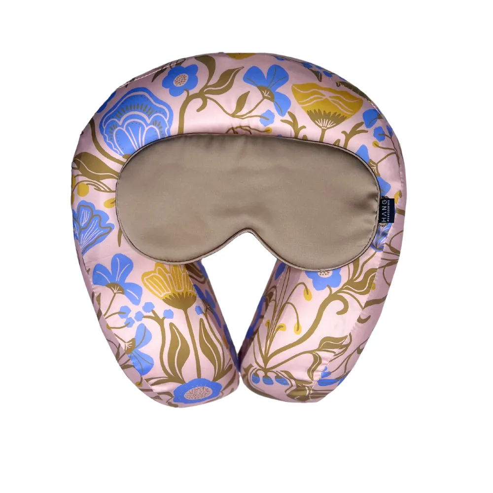 Amalfi Lemon Satin Memory Foam Neck Pillow and Taupe Satin Eye Mask Set