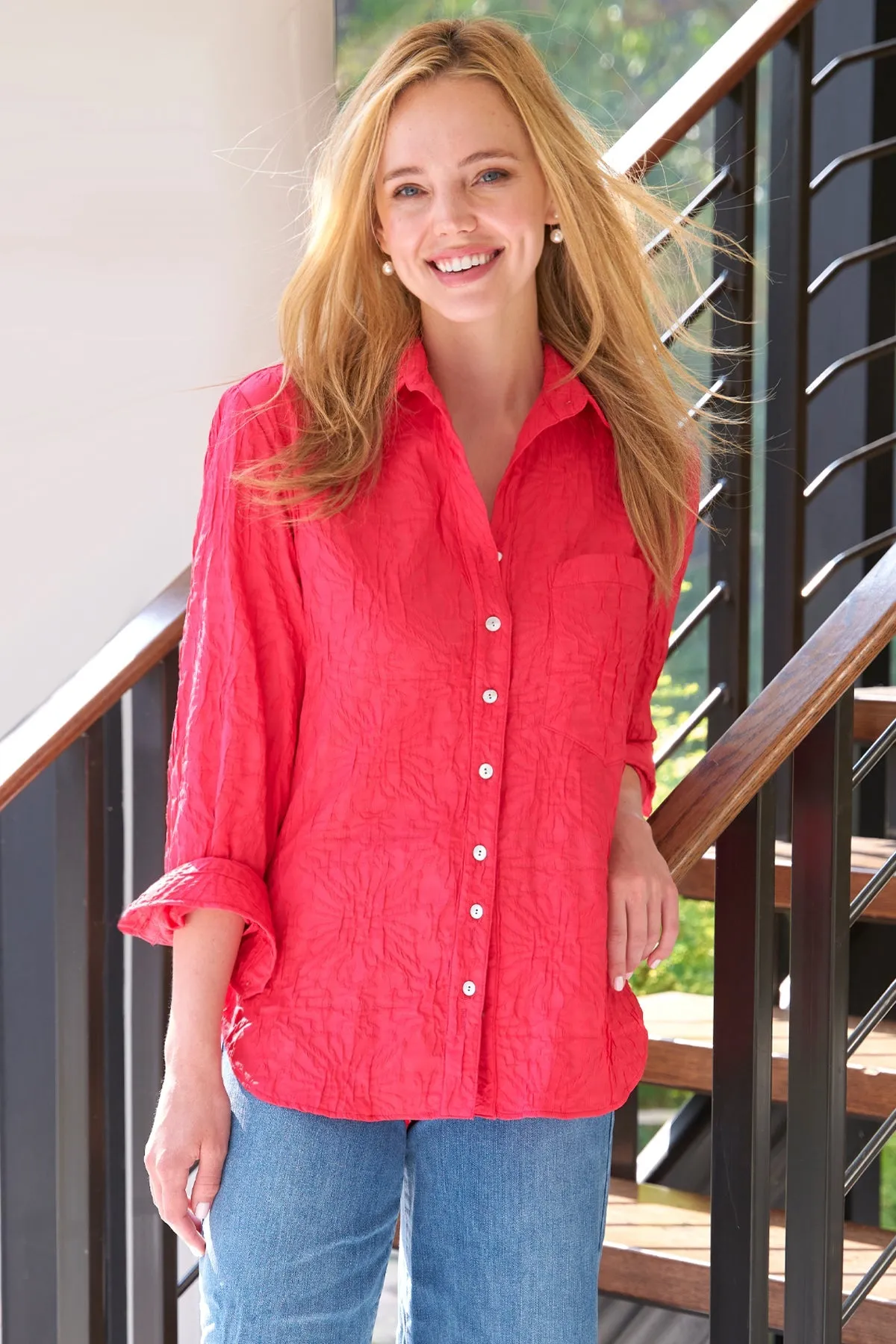 Andie Shirt Raspberry Crushed Textured Jacquard