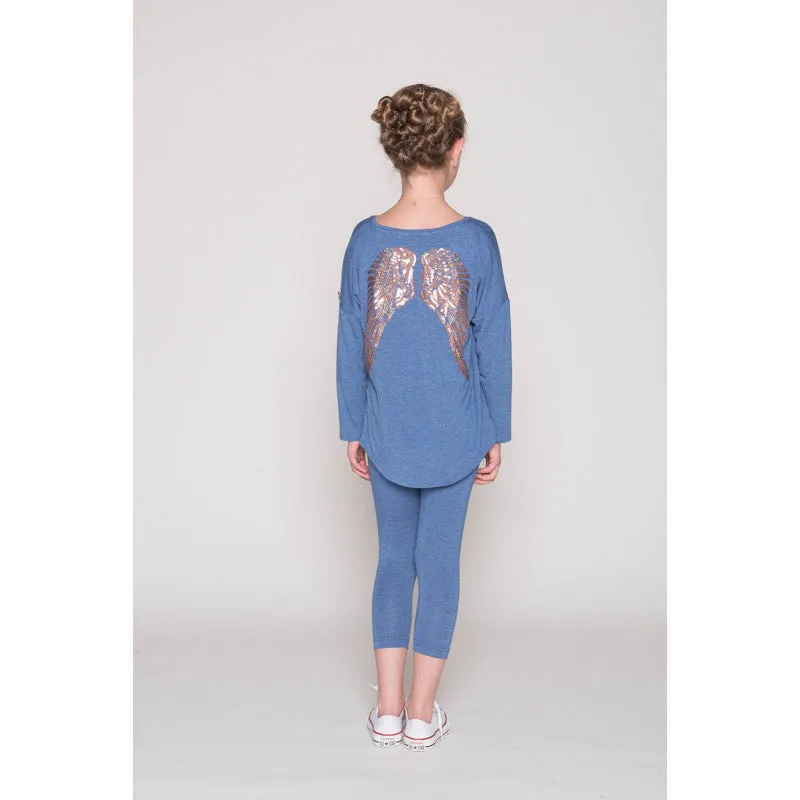 Angel's Face Girls Long Sleeve Slouch Wings Sequin Top - Denim Blue