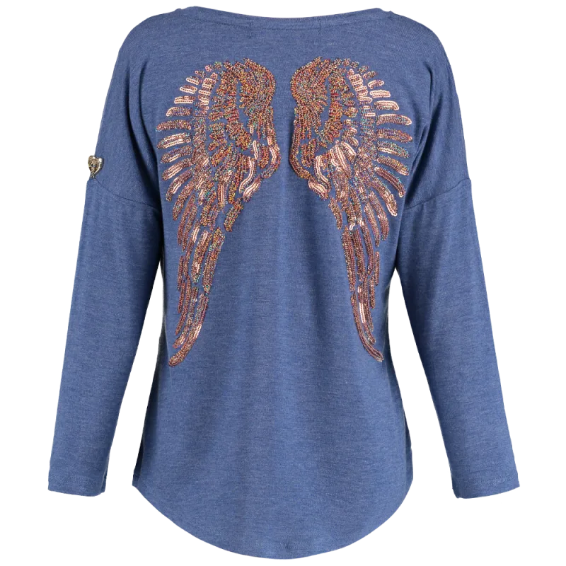 Angel's Face Girls Long Sleeve Slouch Wings Sequin Top - Denim Blue