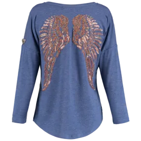 Angel's Face Girls Long Sleeve Slouch Wings Sequin Top - Denim Blue