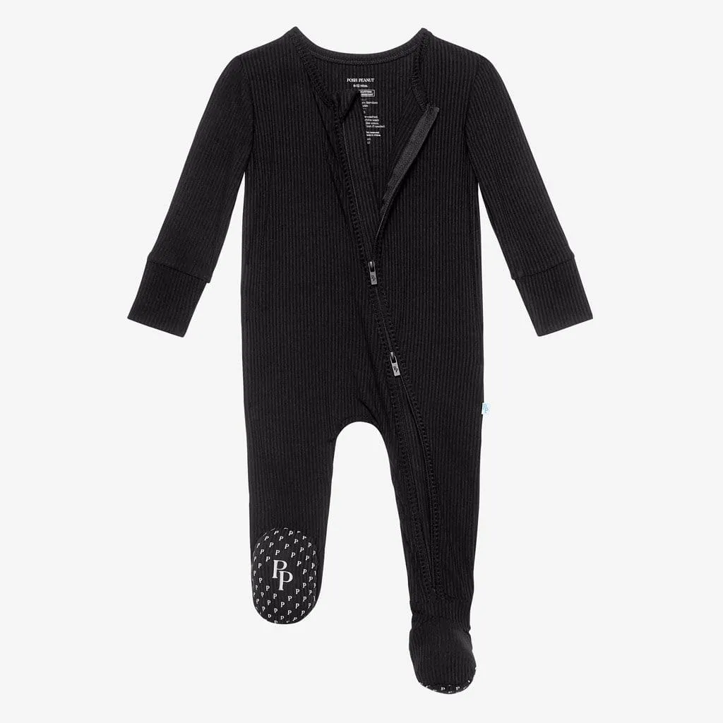 Black Ribbed Footie Zippered One Piece