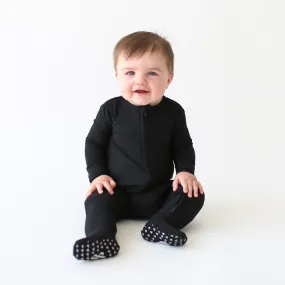 Black Ribbed Footie Zippered One Piece