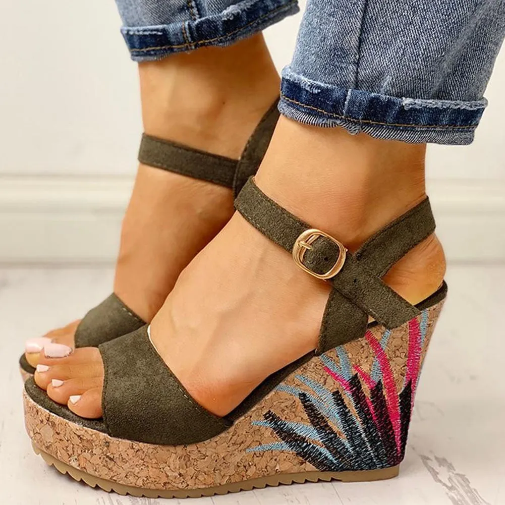 Casual Flock Platform Print Wedges Heeled Sandal