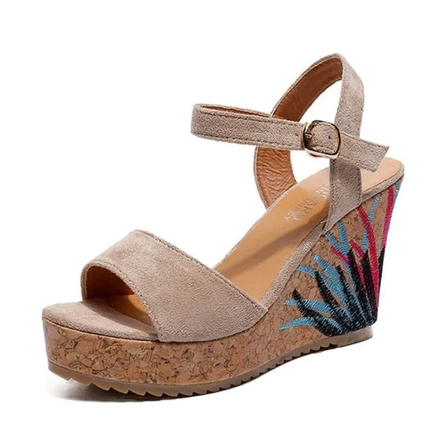 Casual Flock Platform Print Wedges Heeled Sandal