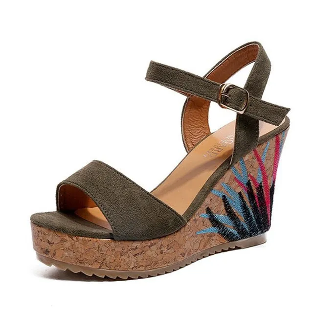 Casual Flock Platform Print Wedges Heeled Sandal