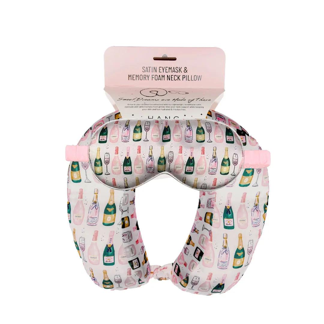 Champagne Satin Memory Foam Neck Pillow and Satin Eye Mask Set