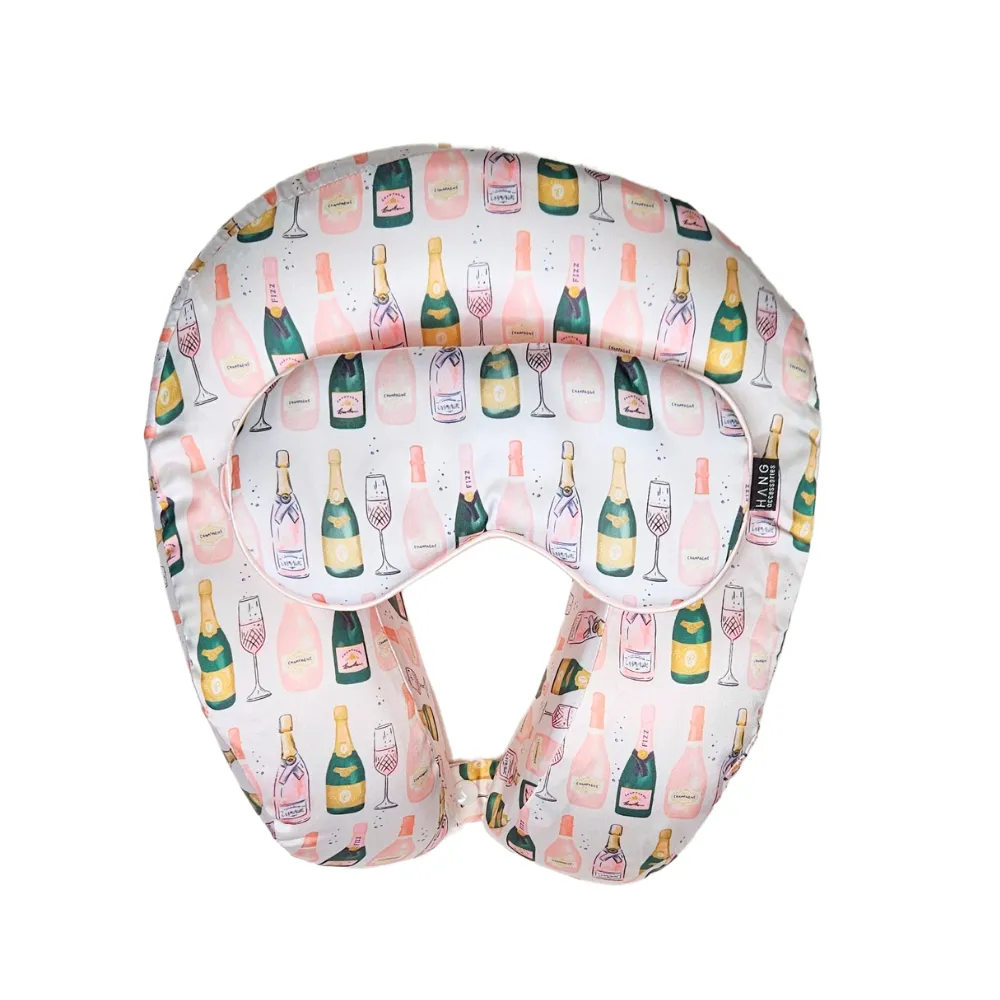 Champagne Satin Memory Foam Neck Pillow and Satin Eye Mask Set