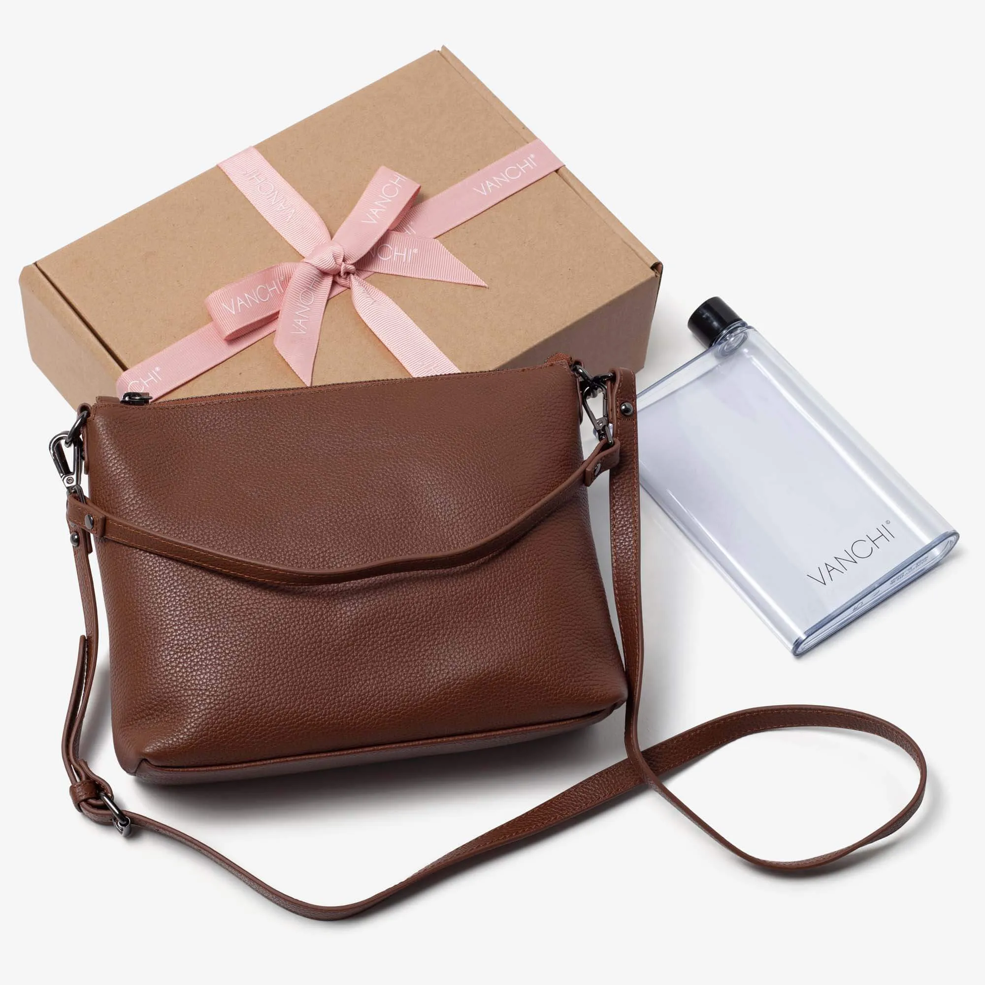 Everyday Leather Crossbody Bag   Bottle Gift Set - Tan