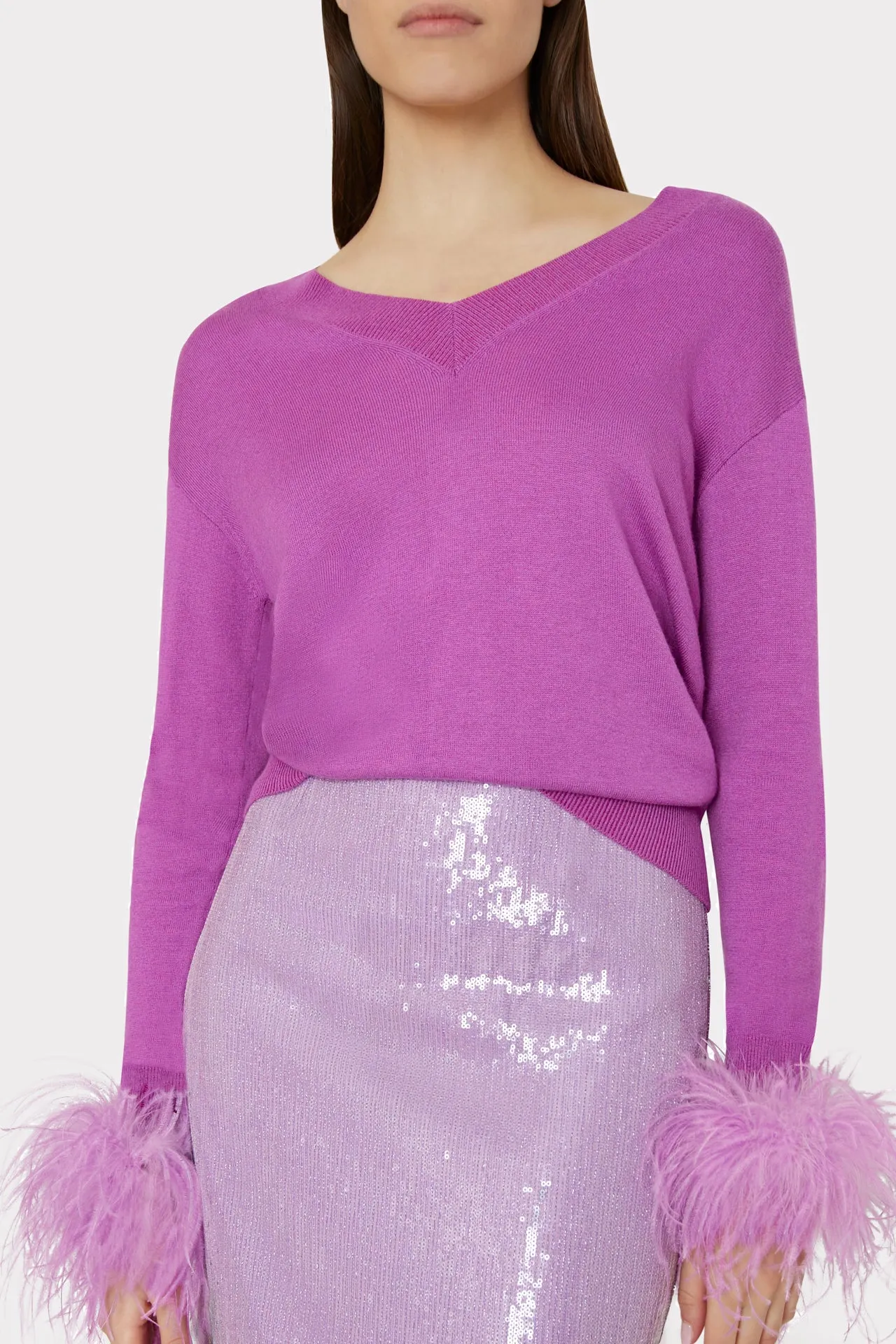 Feather Cuff V-Neck Sweater