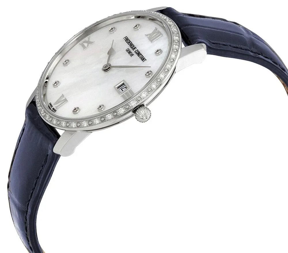 Frederique Constant Slimline Stainless Steel Mother-of-Pearl Dial Blue Leather Strap Diamonds Date Quartz Womens Watch FC-220MPWD3SD6