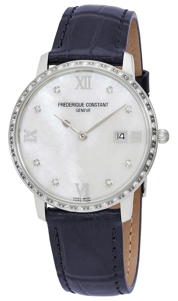 Frederique Constant Slimline Stainless Steel Mother-of-Pearl Dial Blue Leather Strap Diamonds Date Quartz Womens Watch FC-220MPWD3SD6