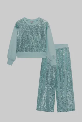 Girls: Mint Sequin 2pc Pants Set