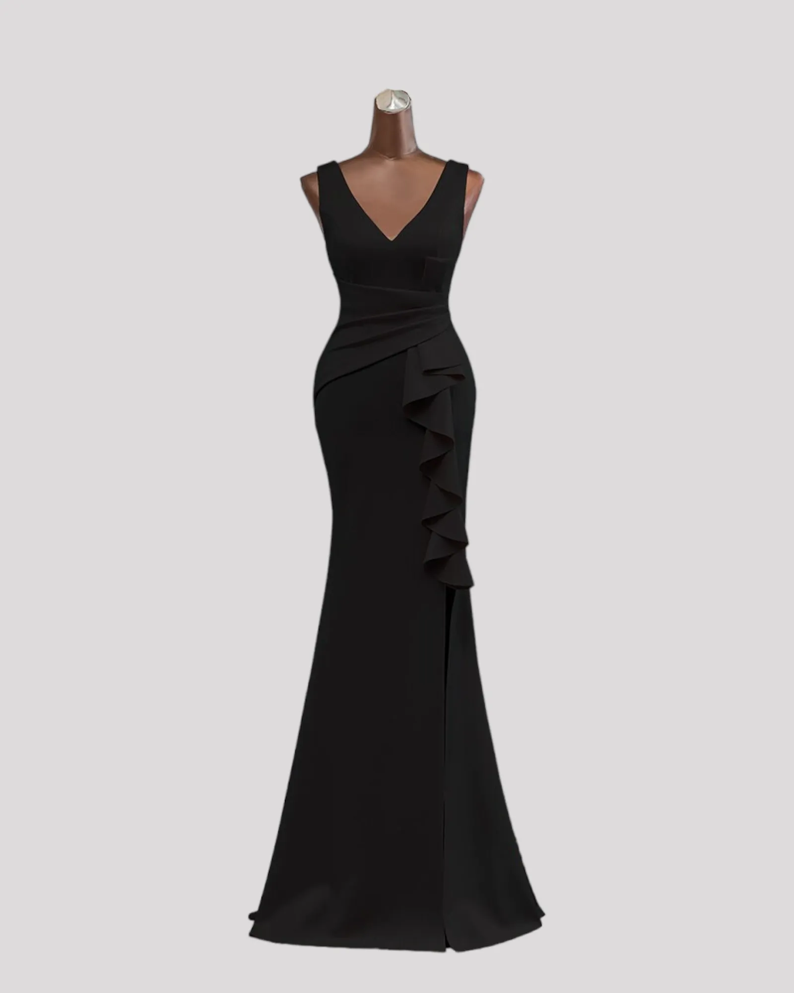 Gorgeous Pleated Bodice Evening Dress with Ruffle over Leg Split with a VNeckline Front and Back