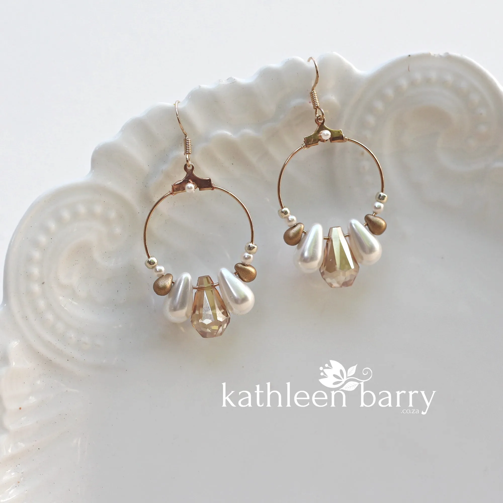 Kerryn gold hoop earrings -  white, cream or blush pink pearls