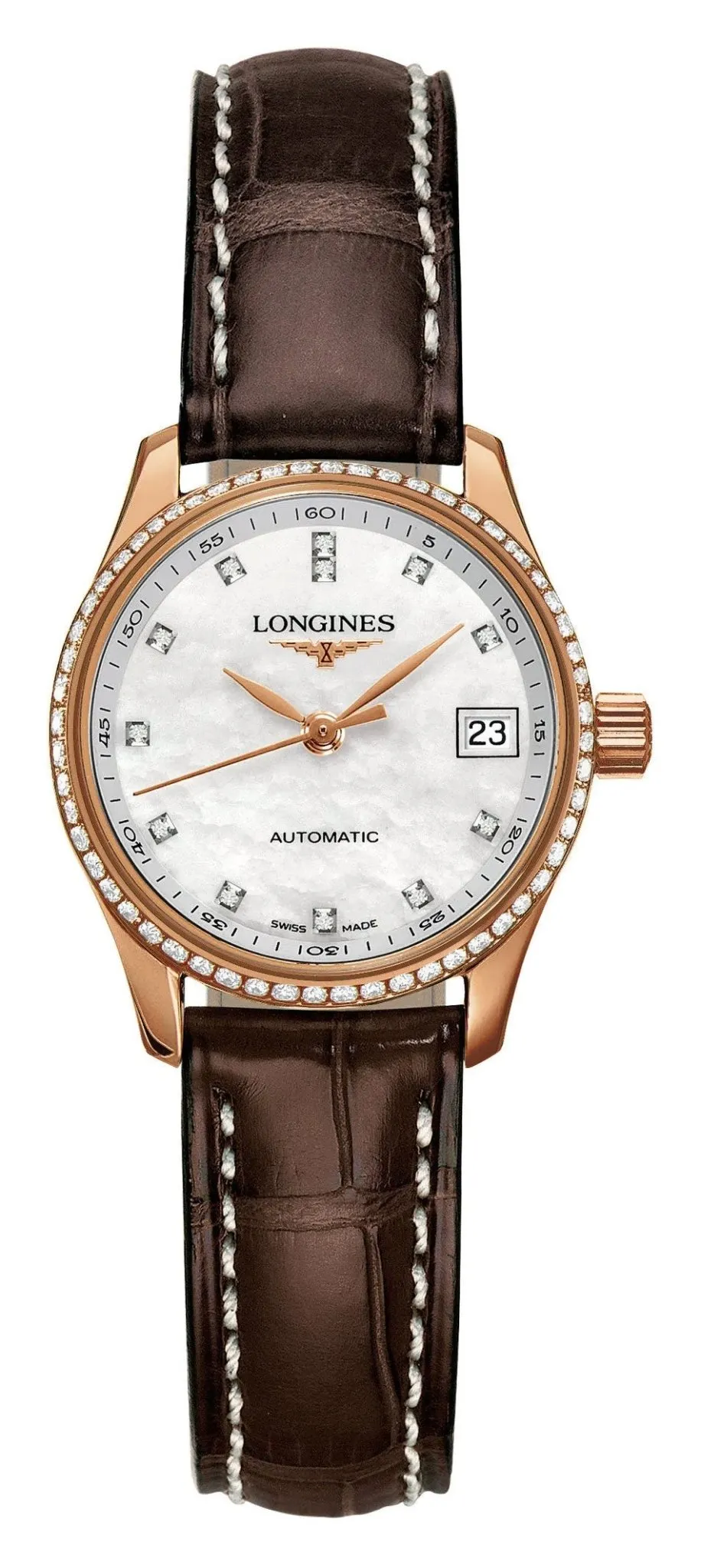 Longines Master Collection Automatic 18K Rose Gold Mother-Of-Pearl Dial Brown Leather Strap Diamonds Date Womens Watch L2.128.9.87.3