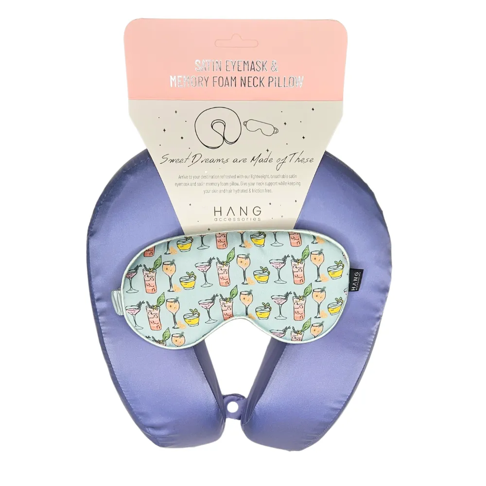 Periwinkle Satin Memory Foam Neck Pillow and Cocktails Satin Eye Mask Set