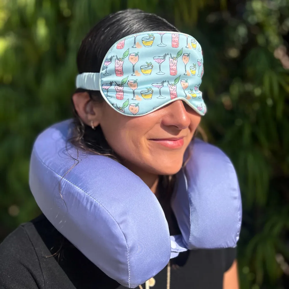 Periwinkle Satin Memory Foam Neck Pillow and Cocktails Satin Eye Mask Set