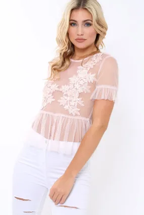 Pink Mesh Embroidered Top - Charlie