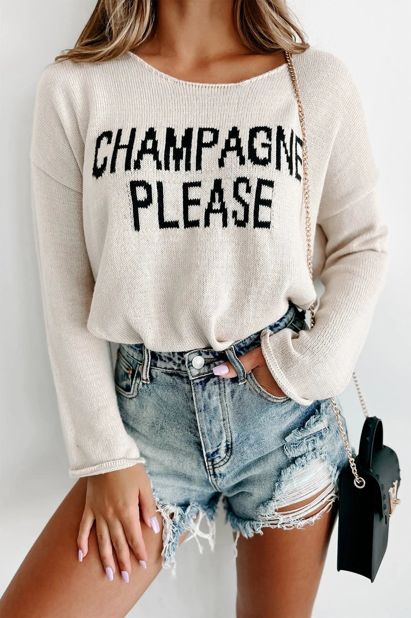 "Champagne Please" Graphic Sweater (Beige)