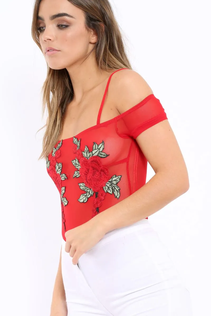 Red Mesh Flower Applique Bodysuit -  Sabella