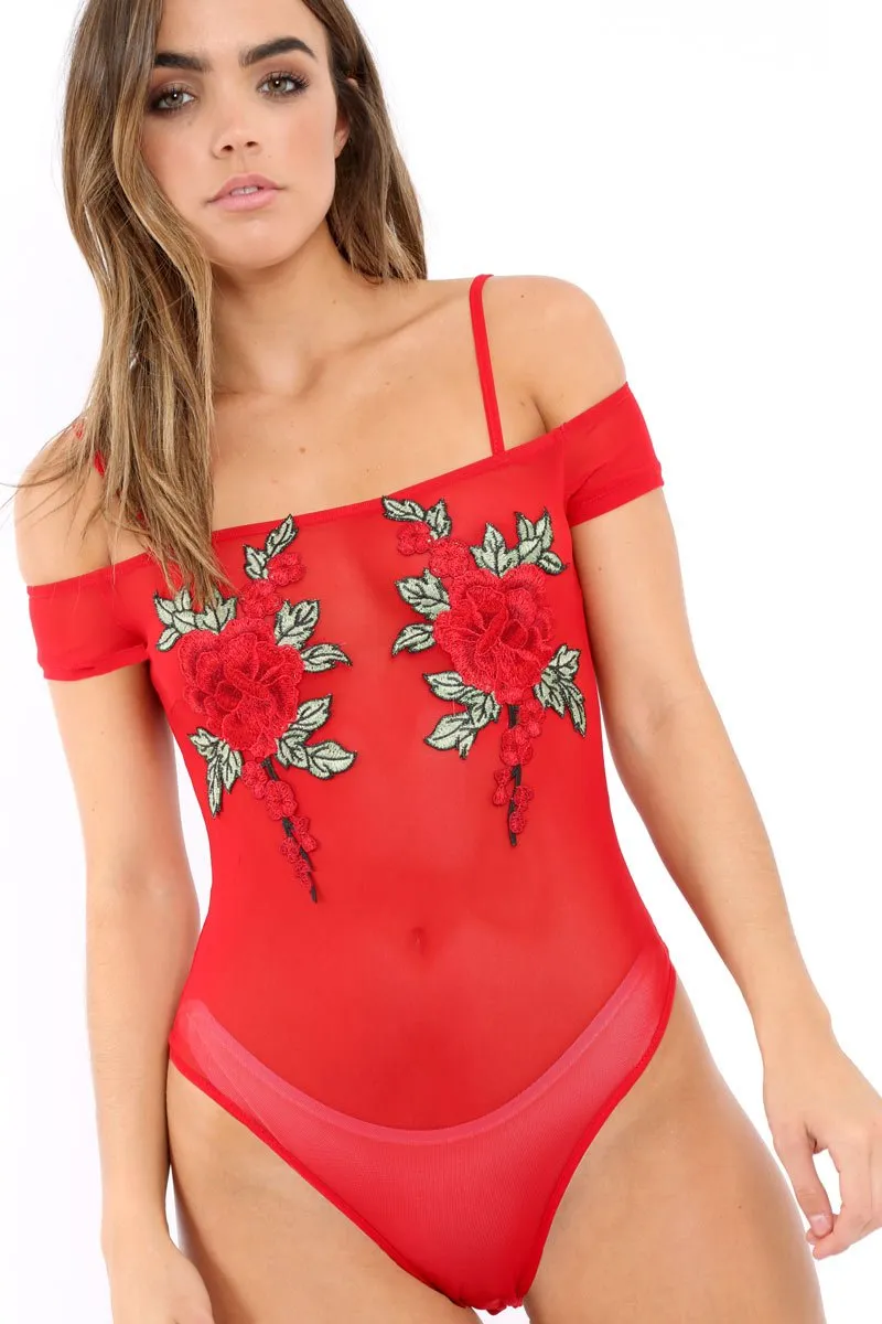 Red Mesh Flower Applique Bodysuit -  Sabella