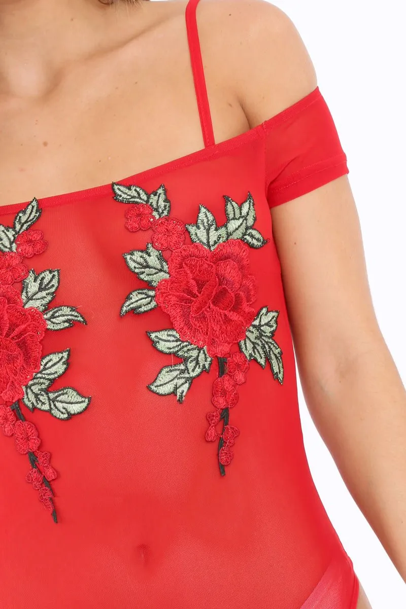 Red Mesh Flower Applique Bodysuit -  Sabella