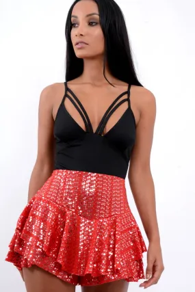 Red Sequin Frill High Waisted Shorts - Kaden