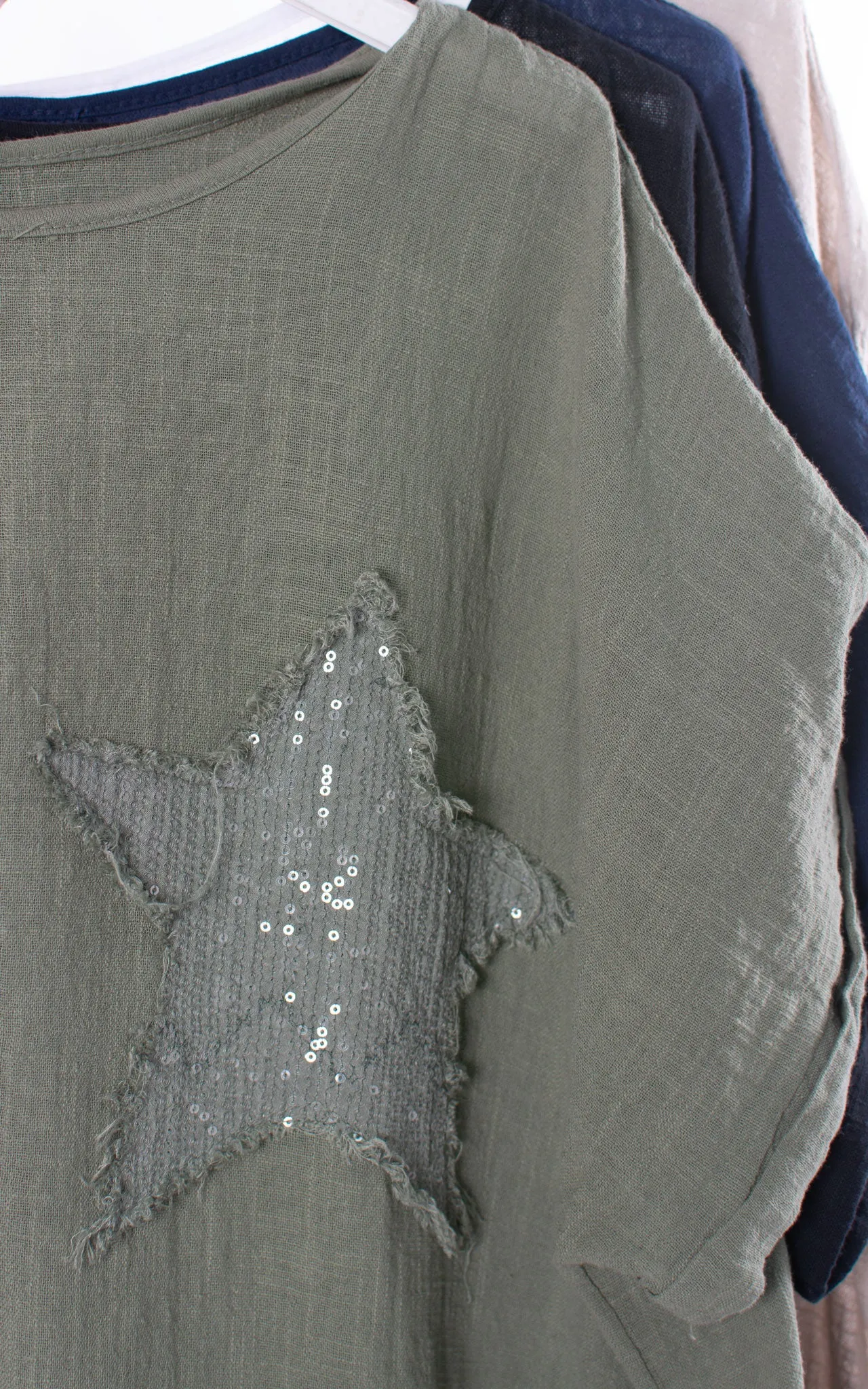 Sequin Star Cheesecloth Top | Khaki