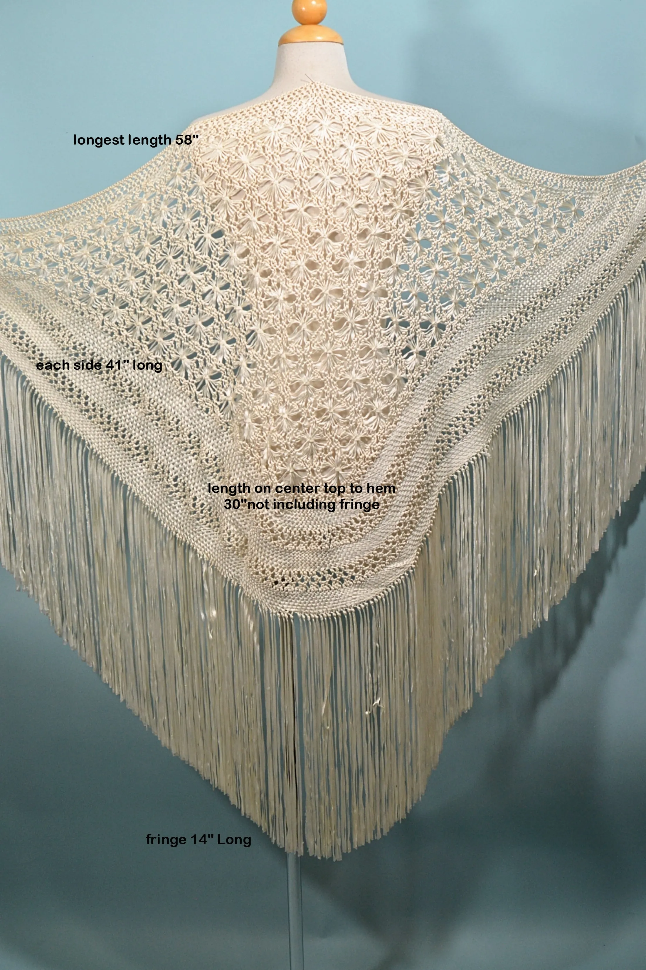 SOLD Macrame Ribbon Fringe Shawl, Crochet Gypsy Boho Wrap