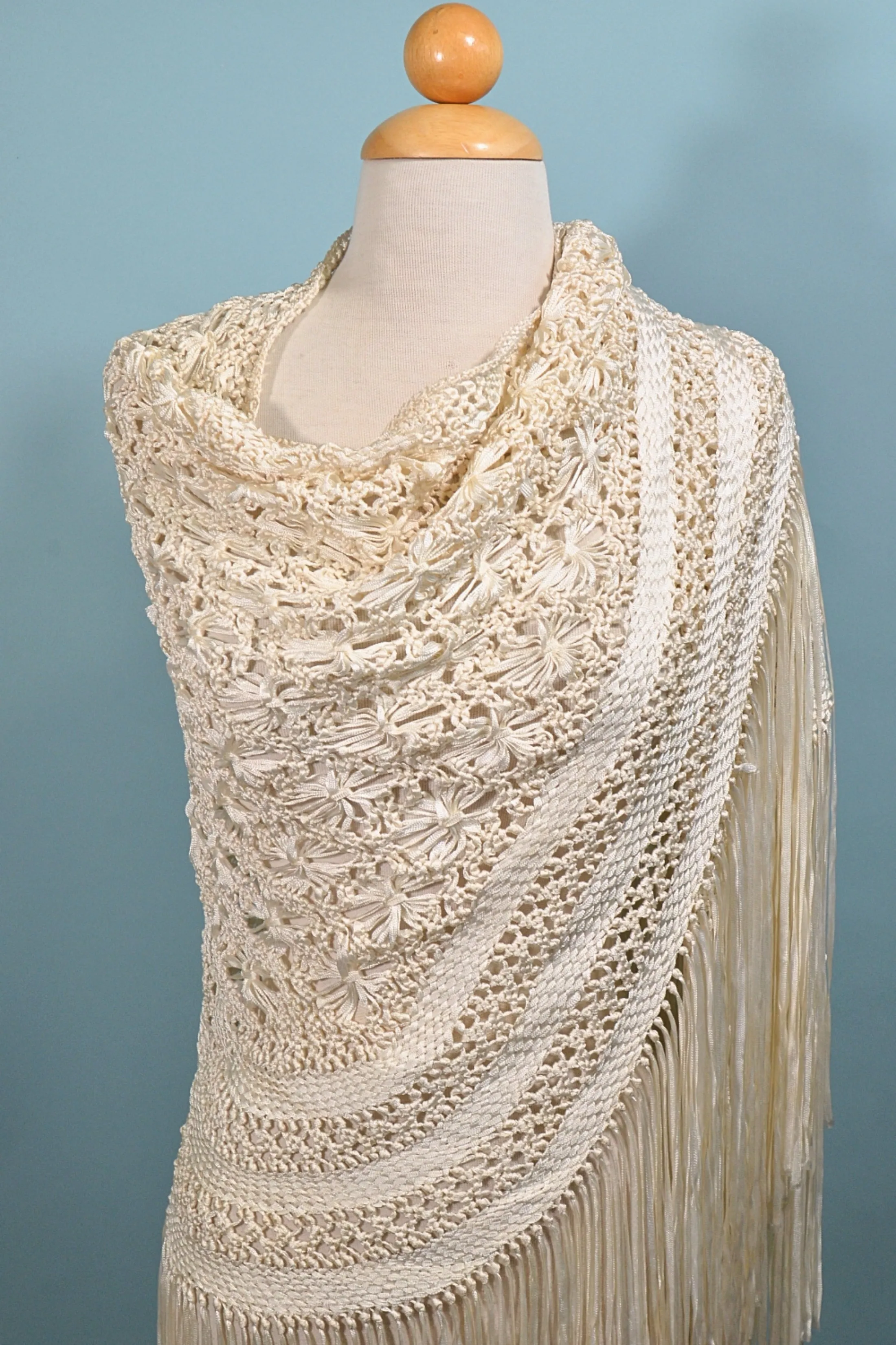 SOLD Macrame Ribbon Fringe Shawl, Crochet Gypsy Boho Wrap