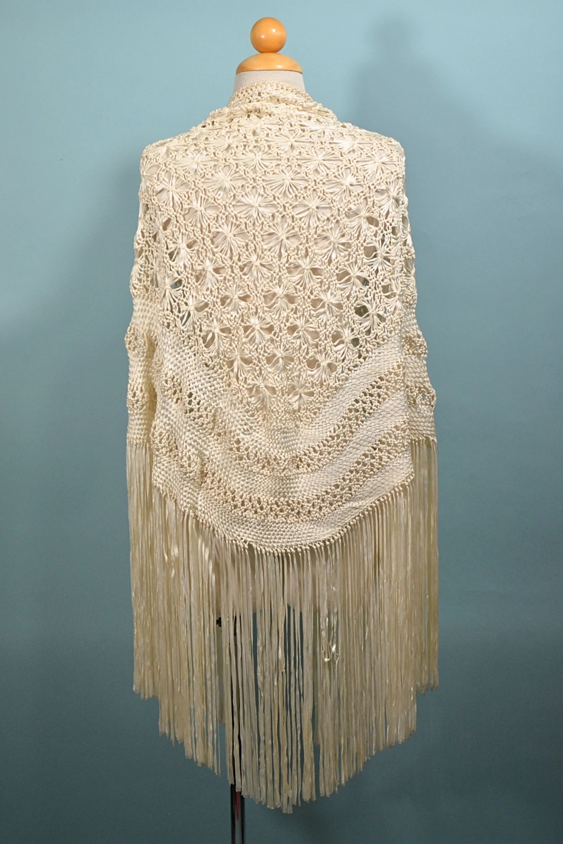 SOLD Macrame Ribbon Fringe Shawl, Crochet Gypsy Boho Wrap