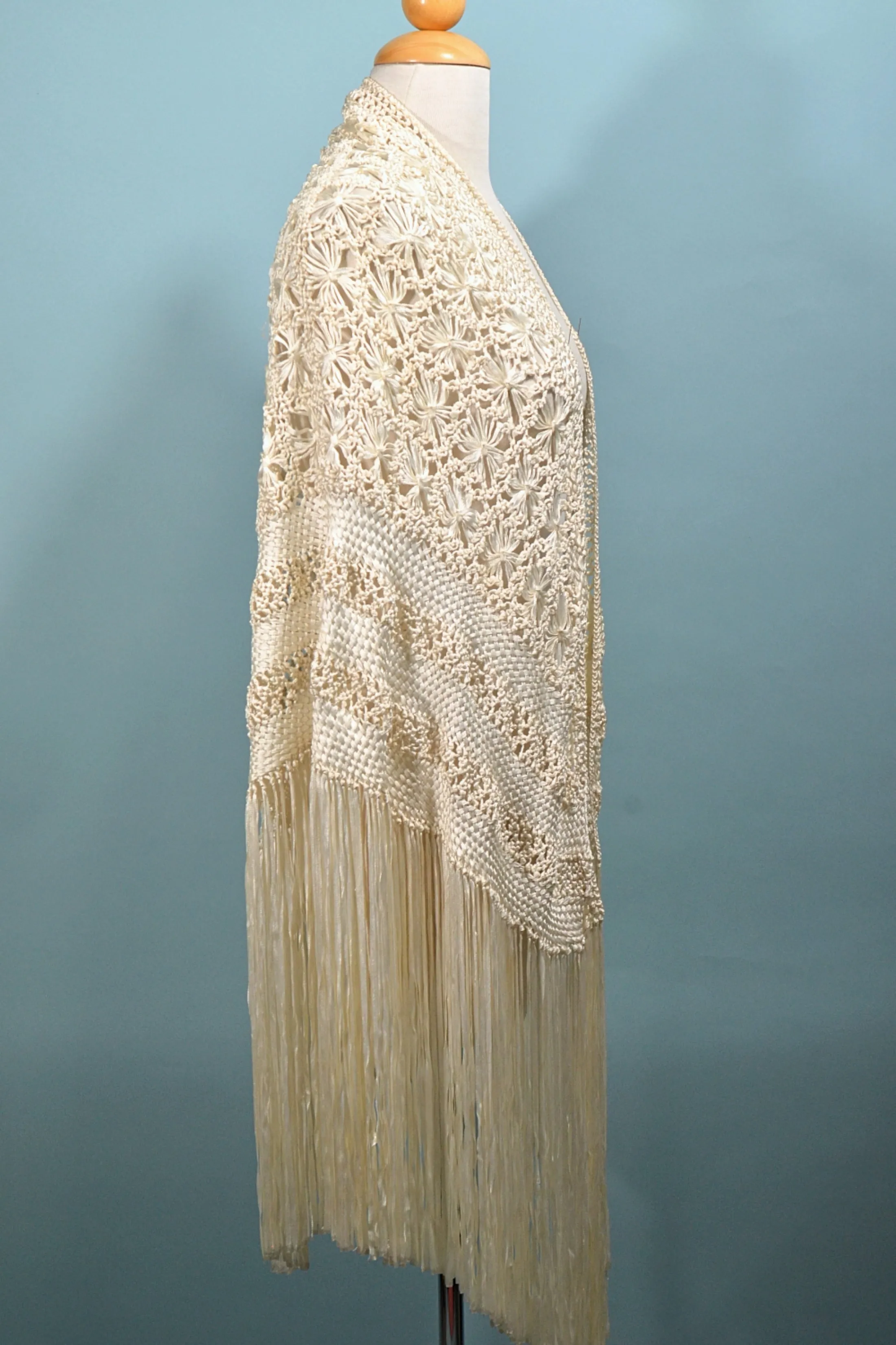 SOLD Macrame Ribbon Fringe Shawl, Crochet Gypsy Boho Wrap