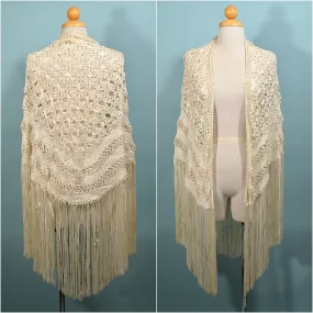 SOLD Macrame Ribbon Fringe Shawl, Crochet Gypsy Boho Wrap