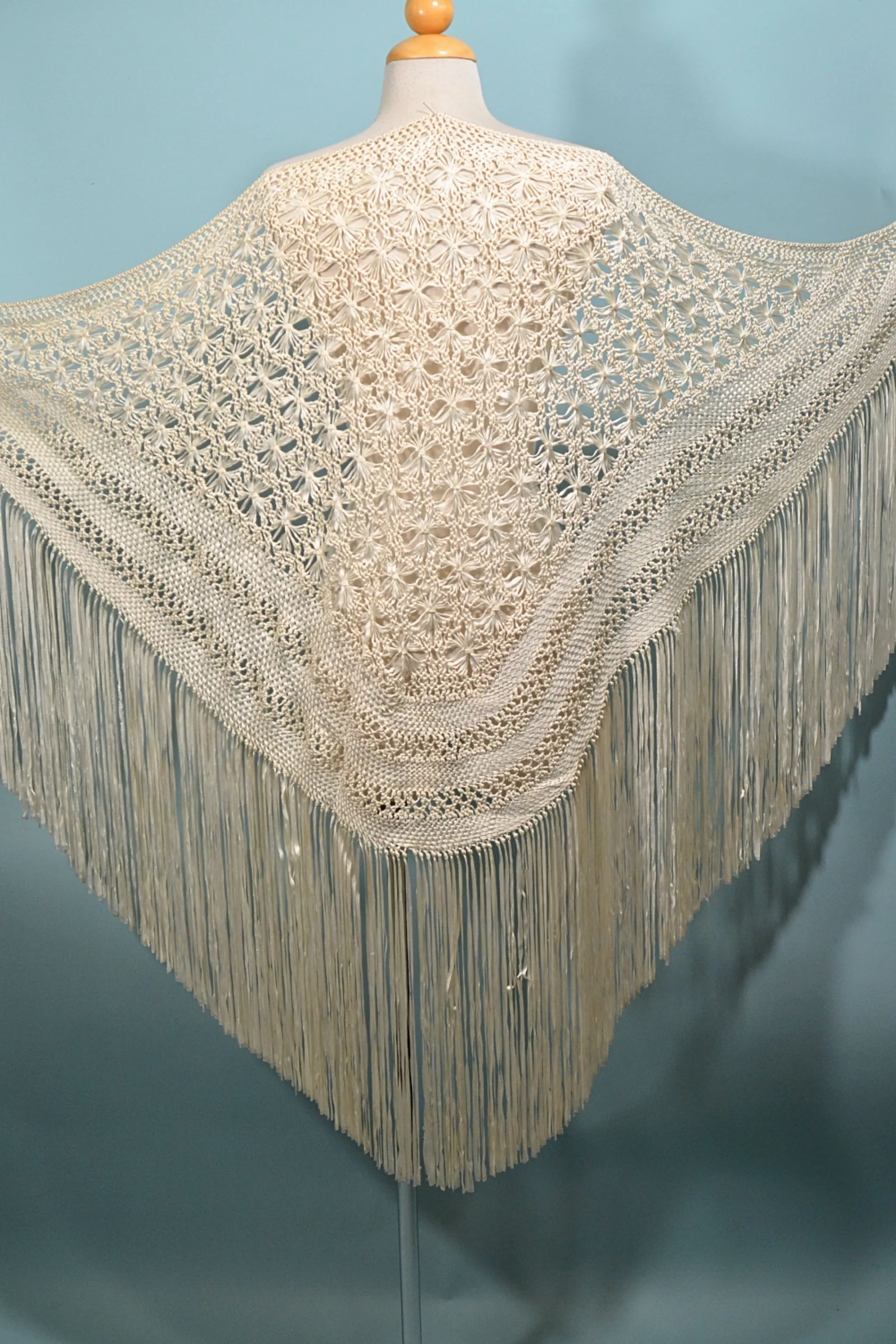 SOLD Macrame Ribbon Fringe Shawl, Crochet Gypsy Boho Wrap